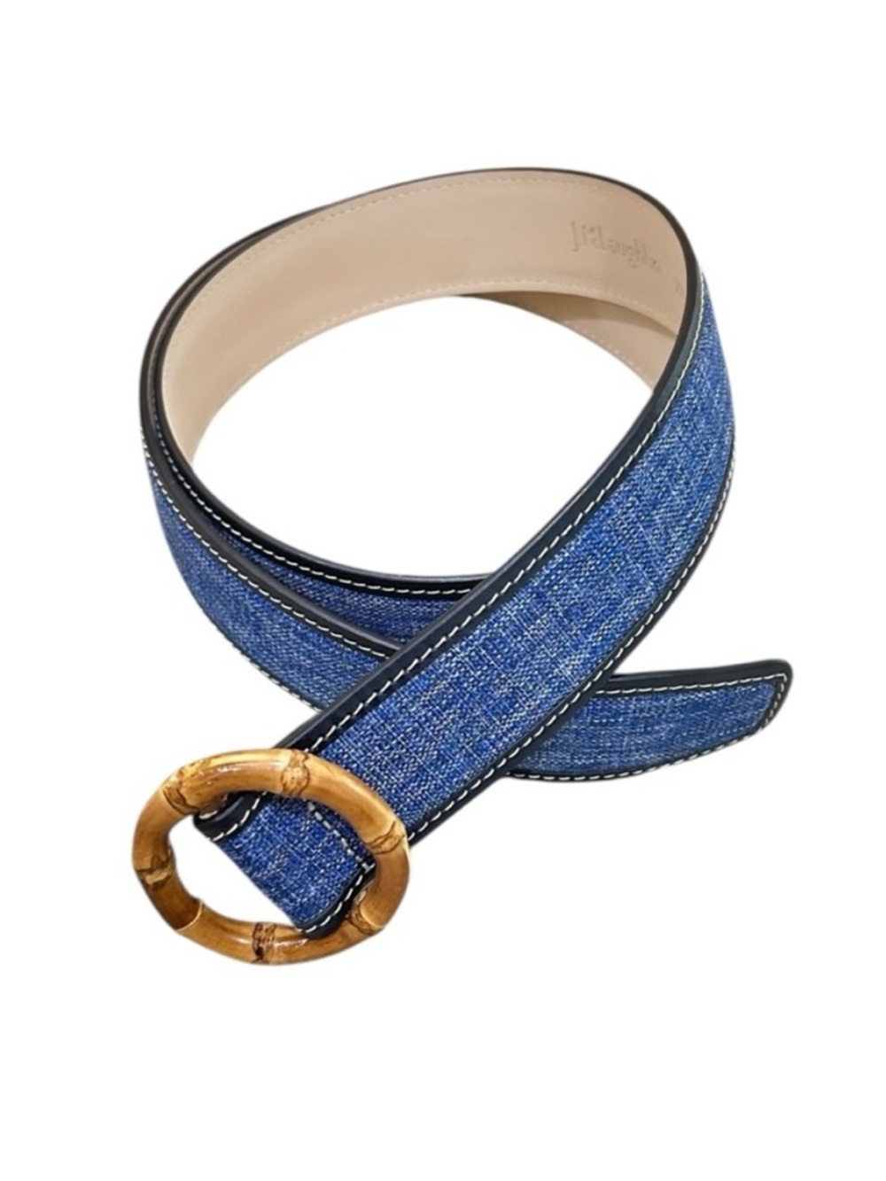 Leather-Trim Denim Belt with Bamboo Ring – Blue
